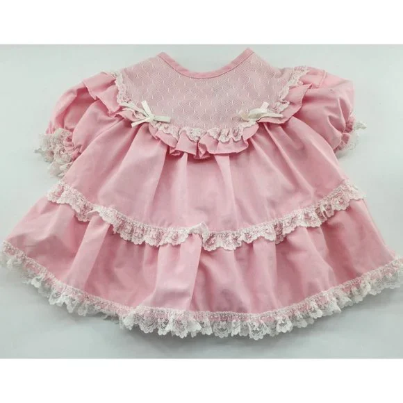 Vtg Baby Girls Pink Tiered Ruffle White Lace Trim Dress/Bloomers RN 50255 Sz 18M - Picture 5 of 16